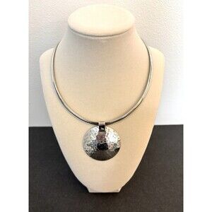 Vior Italy Sterling Silver 16in Omega Chain 6mm with Hammered Pendant